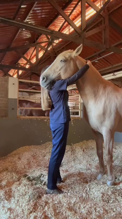 Stephany em contato com um cavalo em um haras